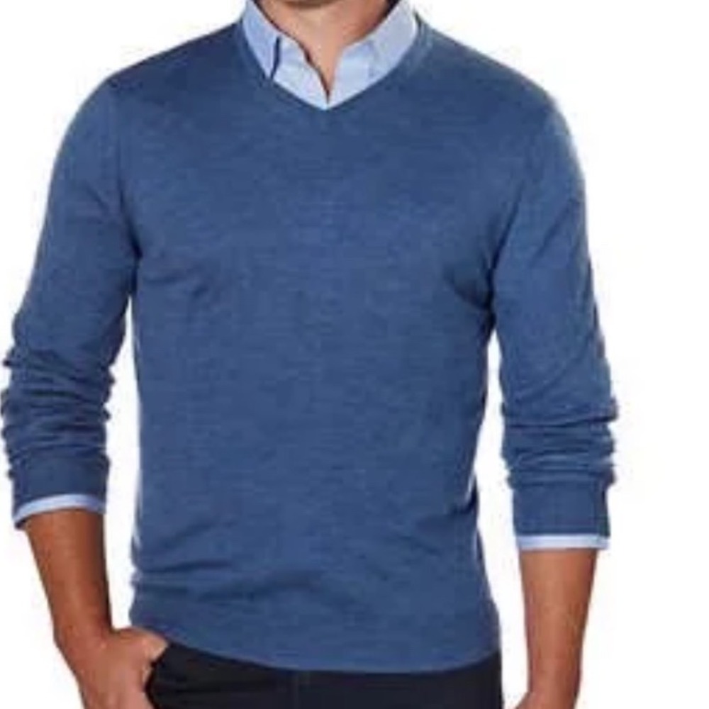 Calvin Klein Men XXL Extra Fine Merino Wool V-Neck Sweater Blue Heather Casual
